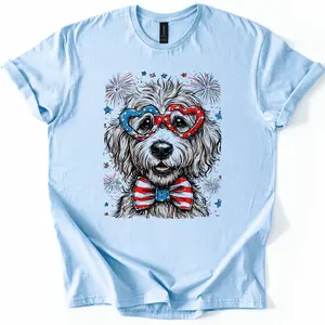 Golden Doodle Patriotic Dog, USA, America, Pet Lover, 4th of July, Soft Style T-Shirt, Soft Style Tee, Women's Graphic Tshirt