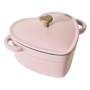 Pink Enameled Cast Iron Dutch Oven Heart-Shaped Pot with Lid, Dual Handles, Works on All Stovetops, Oven Safe to 500°F, 2-Quart