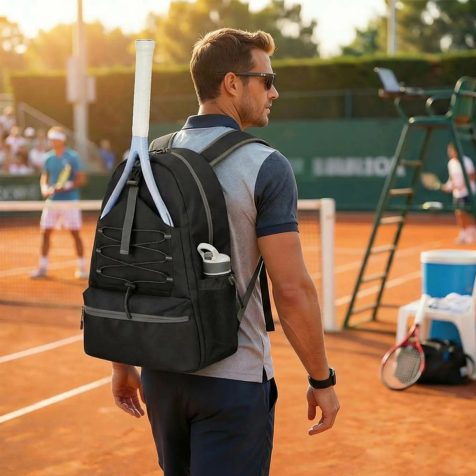 Tennis Backpack for Men and Women, Holds 2 Rackets, Ventilated Shoe Compartment & Fence Hook, Polyester Material, Ideal for Practice, Matches & Gym