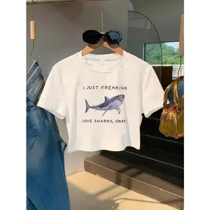 Womens Cotton Graphic Tee Shark Print Funny Quote Short Sleeve Crew Neck Casual Summer Streetwear Vacation Beach Outfit Cute Trendy Gift For Shark Lovers