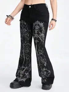 Women's Gothic Skull Print Flared Pants, Halloween Exclusive, Casual All-Season Fitted Pants, All over Print Design