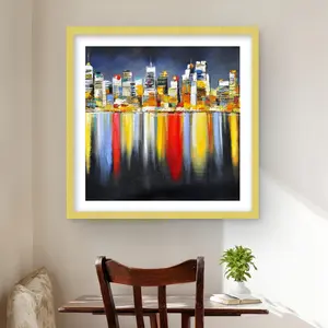 212 MAIN Artistic Colorful Night Cityscape Framed Print Wall Decor, 24x24 in Matted Frame, Vibrant Decorative Artwork with Reflections for Living Room Home Use