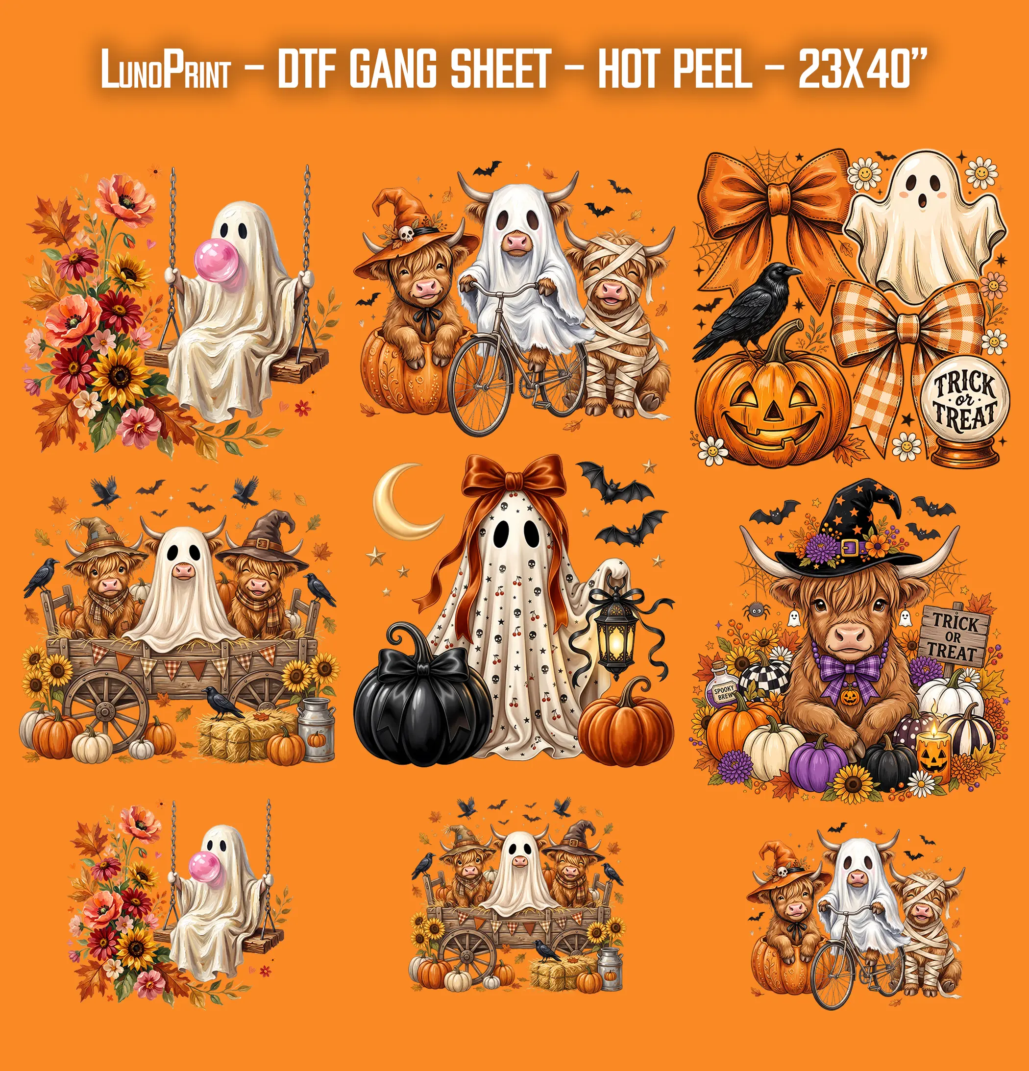 Halloween Ghost Highland Cow DTF Gang Sheet 23x40 in. Spooky Fall Ready-to-press Heat transfers