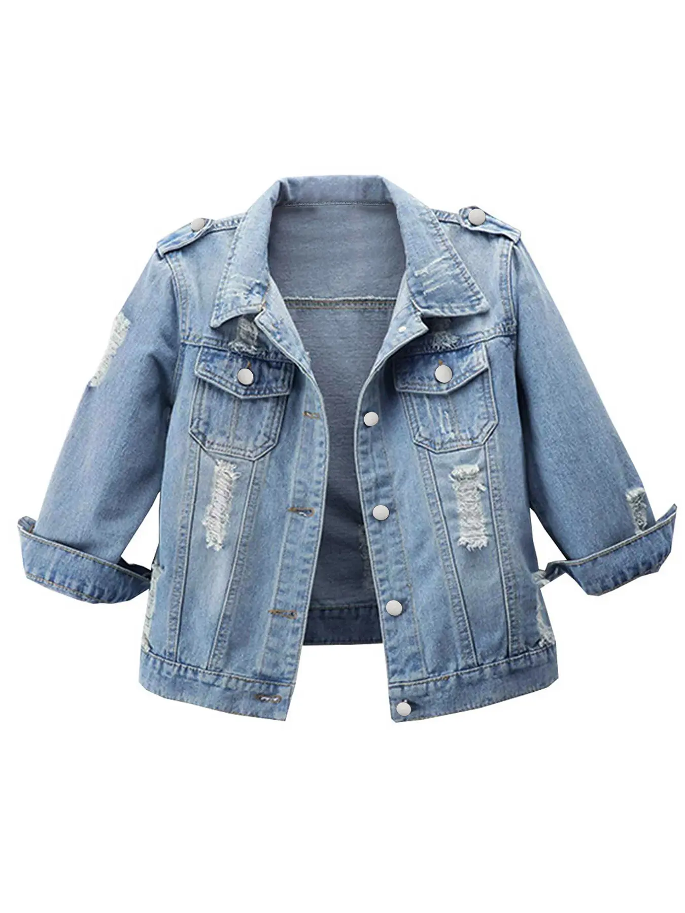 Renaishow Women's Retro Denim Jacket, a Distressed 3/4 Sleeve Button-Up Piece for Elevated Casual Spring Outfits, Valentines Day, Basics, Snug Slim Fit, Polished For Casual Outings, Plain, Fitted Cut Flatters Curves, Casual Preppy