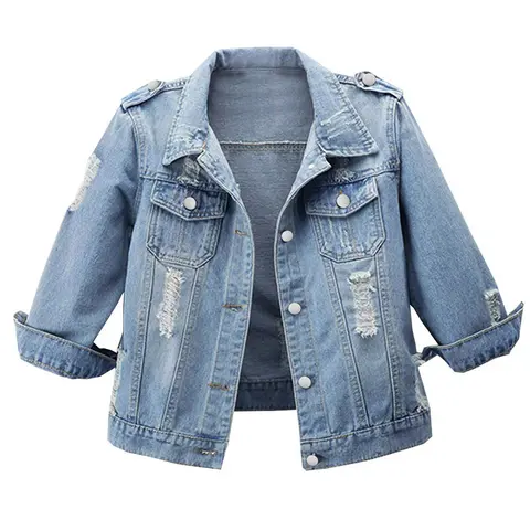 Renaishow Women's Cotton Preppy Ripped Retro Woven Denim Jacket - 3/4 Sleeve Button-Up Coat, Snug Slim-Fitted Cut for Curves, Elevated Casual Spring Outfits, Valentine's Day Basics