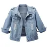 Renaishow Women's Cotton Preppy Ripped Retro Woven Denim Jacket - 3/4 Sleeve Button-Up Coat, Snug Slim-Fitted Cut for Curves, Elevated Casual Spring Outfits, Valentine's Day Basics