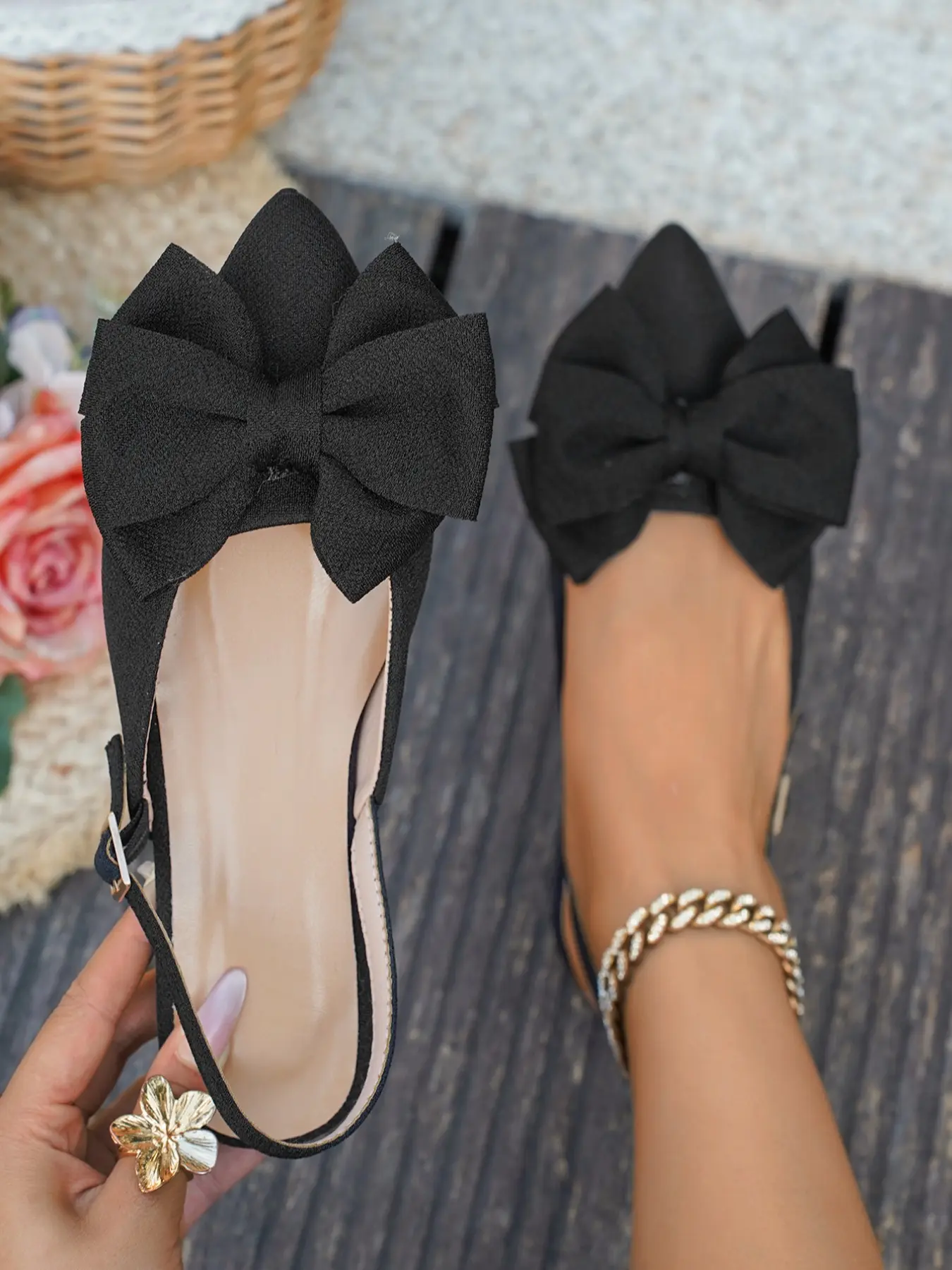 Women's Pointed Toe Summer Flat Bow Tie Button Sandals, Elegant Comfortable Beach Vacation Casual Shoes, Home Slip-On One-Step Slippers, Shoes Flats