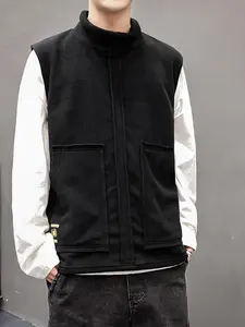 Men's Fleece Lined Vest Top Gilet, Stand Collar Full Zip Sleeveless Jacket, Multiple Pockets, Casual Outerwear for Fall & Winter