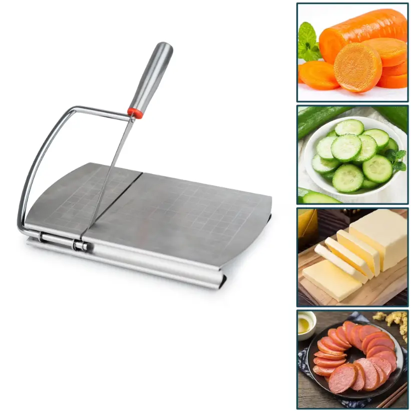 Stainless steel cheese slicer for block cheese with precision scale, suitable for sausages, ham, butter, and vegetables