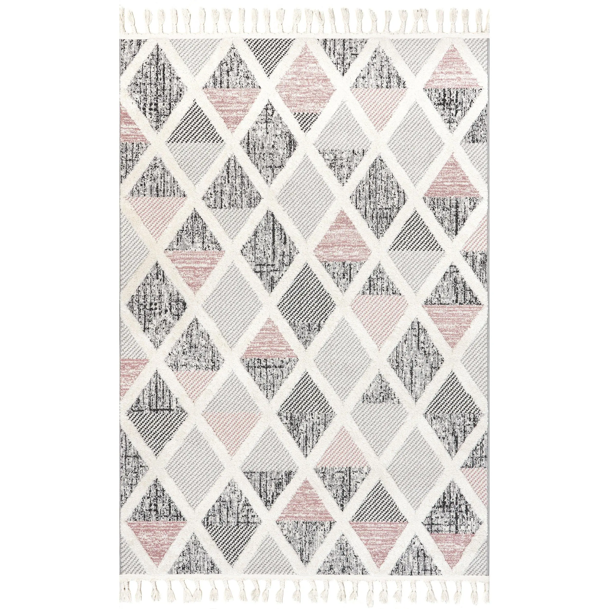 Emlyn Diamond Lattice Tasseled Area Rug, Cozy Decorative Aesthetic Geometric Design Rug for Home Living Room Bedroom, Cozy Area Rug