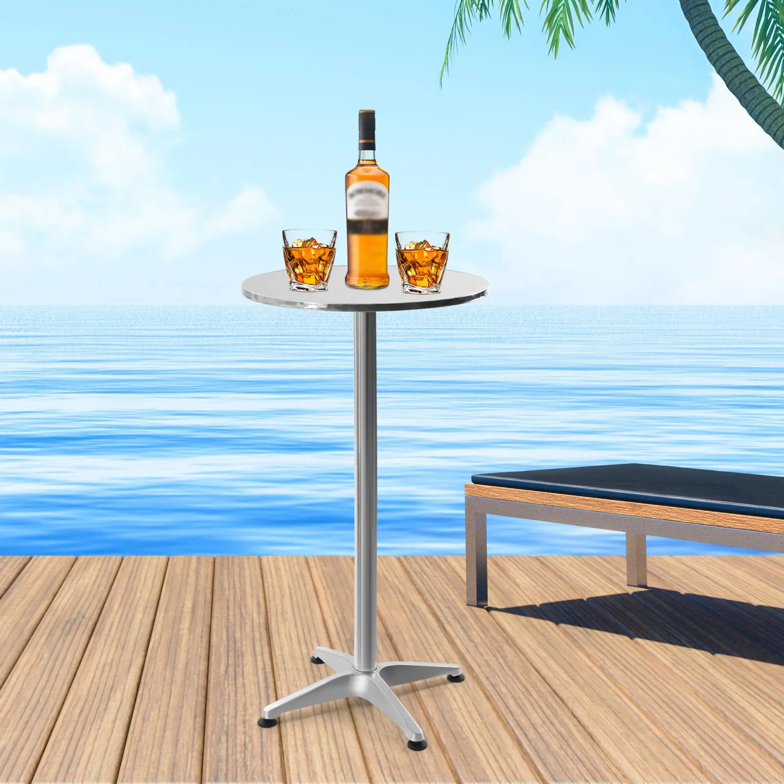 Bar Table Outdoor Bistro Pub Table, Round Shape Metal Base Included, Waterproof Cocktail Table, For Living Room, Coffee Shop, Balcony and Patio Use, Sliver Stainless Steel