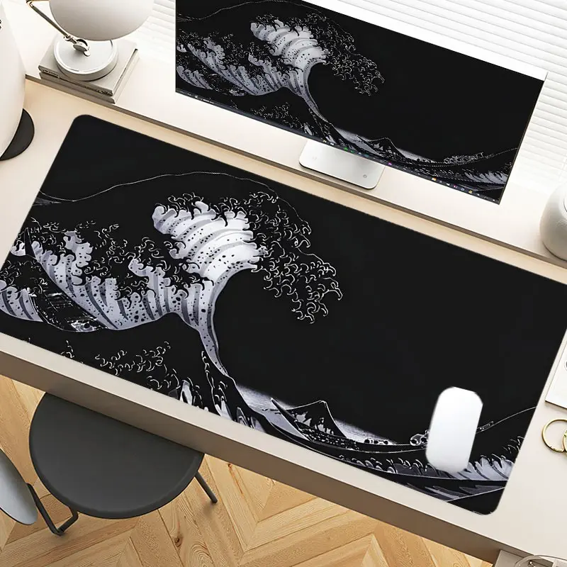 Desk Pad Hokusai Wave Black White Gaming Mousepad XXL Mouse Pad For Laptop Desk Mouse Pad Extra Large With Non-Slip Rubber Base Stitched Edges Surface For PC Gamers Office Workers & Home Use