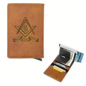 Vintage Freemasonry Faith Hope Charity Leather Credit Card Holder - PU Material, RFID Blocking, Men's Wallet