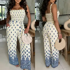 ChicMe Women's Boho Print Wide Leg Jumpsuit 2-Way Strapless Romper with Pockets Flowy Summer Vacation Outfit