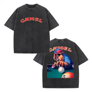 Vintage billiard pattern washed casual sports short-sleeve top, Camel Joe billiard printed T-shirt with western nostalgic print, loose crew neck unisex streetwear for summer, distressed trimmed loose short-sleeve casual street-style billiard tee