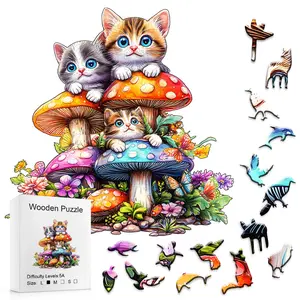 Colorful Fantasy Kitten & Mushroom Wooden Jigsaw Puzzle, Irregular Pieces Brain Game, Decorative Gift for Kids & Adults, Fun Educational Toy