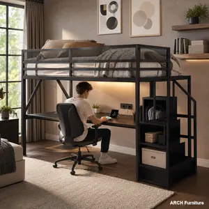 ARCH Queen Size Metal Loft Bed with Desk, Charging Station, Stairs & RGB Lights, 400lbs Capacity, 99.4" x 62" x 73.4" Frame for Teens, Black (Expected Arrival Date 2026/3/25)