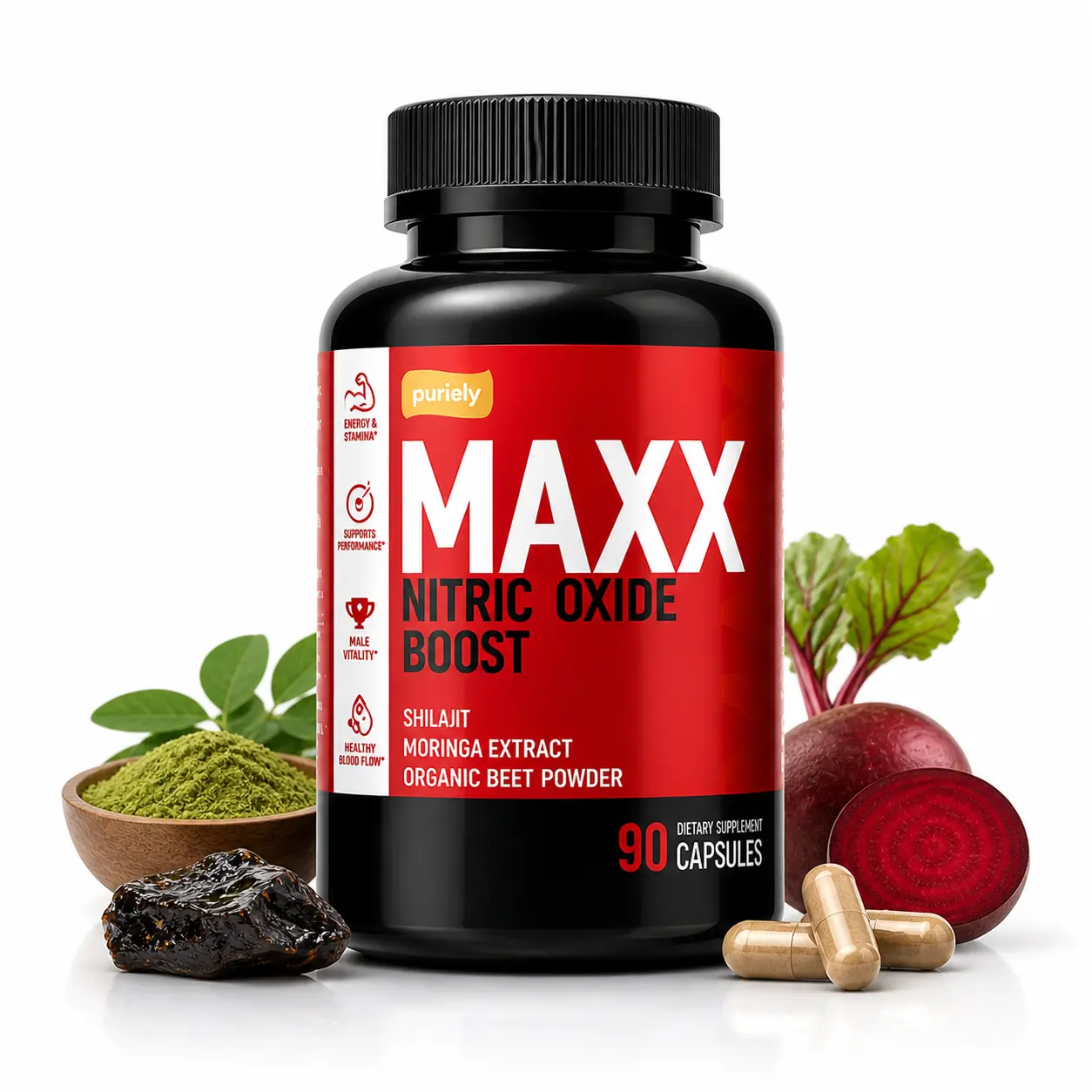Puriely MAXX Nitric Oxide Blend Supplement | Multi-Nutrient Formula for Healthy Circulation & Overall Wellness | Natural Daily Vitality & Recovery Support | 90 All Natural Capsules