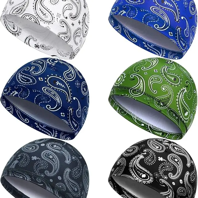 Men's Paisley Print Beanie Hats (6pcs) - Sweat-Wicking, Cooling, Breathable Skull Caps, One Size Sports Accessories, Helmet Liners for Cyclists, Runners, Biking, All Seasons