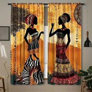 African Women Print Rod Pocket Curtains, 2 Piece Set, Polyester Fabric, Fashion Home Decor, Suitable for Living Room and Bedroom, Easy Installation