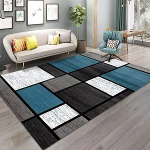 Modern Geometric Square Patchwork Flannel Area Rug - Teal & Grey Block Print Soft Mat for Living Room & Bedroom, Non-Slip Minimalist Home Decor #ModernGeometricRug #SquarePatchworkMat #MinimalistHomeDecor #TealGreyCarpet #NonSlipFlannelRug