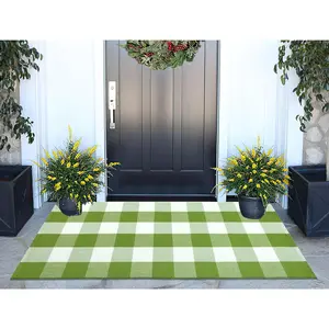 Buffalo Plaid Outdoor Rug 24''x51''Green and White Checkered Front Porch Rug Cotton Woven Washable Door Mat Outdoor for Layered Hello Welcome Door Mat Farm