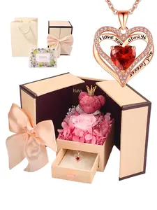 Hollow Out Heart Pendant Necklace with Bear & Gift Card & Box, Rhinestone Decor Necklace for Women, Fashion Jewelry for Party, Daily Decor, Trendy Exquisite Jewelry for Valentine's Day Gift