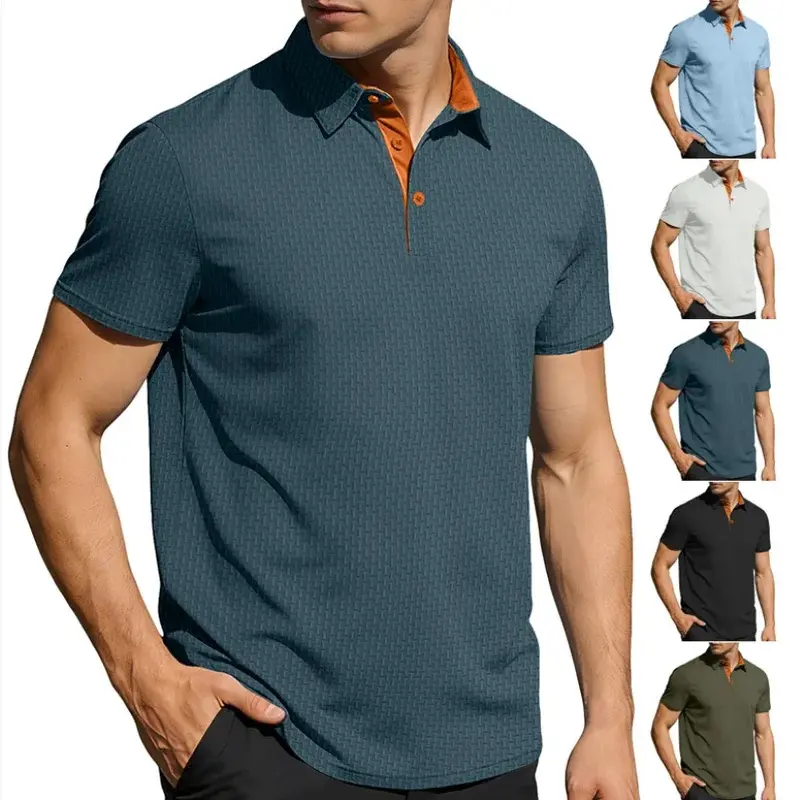 Summer ice sensation men's short sleeved lapel color blocked button elastic casual breathable versatile polo shirt men