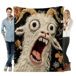 Crazy Screaming Goat Floral Embroidery Flannel Blanket Cooling Blanket Homegoods Soft Cozy For Bedroom Living Room Sofa Couch For Farm Animal Lovers Meme Fans Perfect Gift Festival Gifts