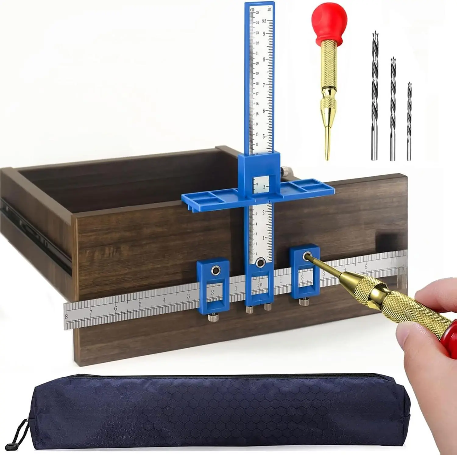 Cabinet Handle Jig Set with Auto Punch & Drill Bits for Knobs, Pulls, Drawer/Door Guides