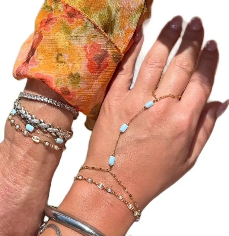 Gold Chain with Blue Stones Handchain! Stainless Steel Waterproof Permanent Hand-Chain, Adjustable Bangle, Couples Bracelet, Casual Trendy Jewelry, Fashionable Bracelet, Jewelry Accessory, Gold Aesthetic, Bold Statement Bracelets & Bangles