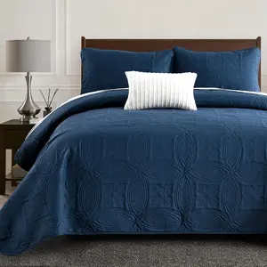 California King Quilt Navy Blue Oversized Bedspreads Embossed Coin Pattern Pattern Microfiber Summer Coverlet Style 3 with 2 Shams (112x104 inch)