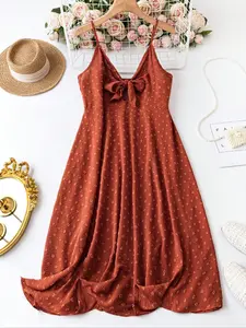 【Plus Size】 Solid Color Swiss Dot Bow Decor Cami Dress, Casual Sleeveless Dress for Summer, Women's Plus Clothing for Daily Wear, Womenswear