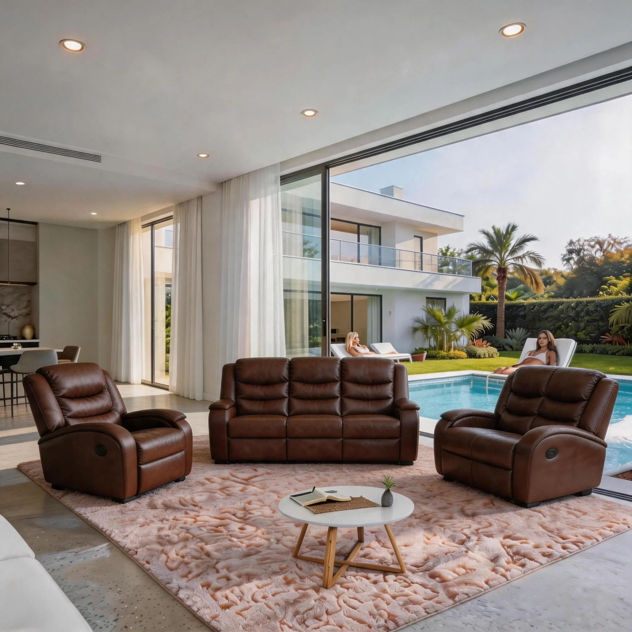 A AINEHOME Brown Faux Synthetic Breathing Recliner Sofa Set 3-Piece Couch Living Room Sofa Set with Adjustable Backrest furniture Modern Power Reclining Leather