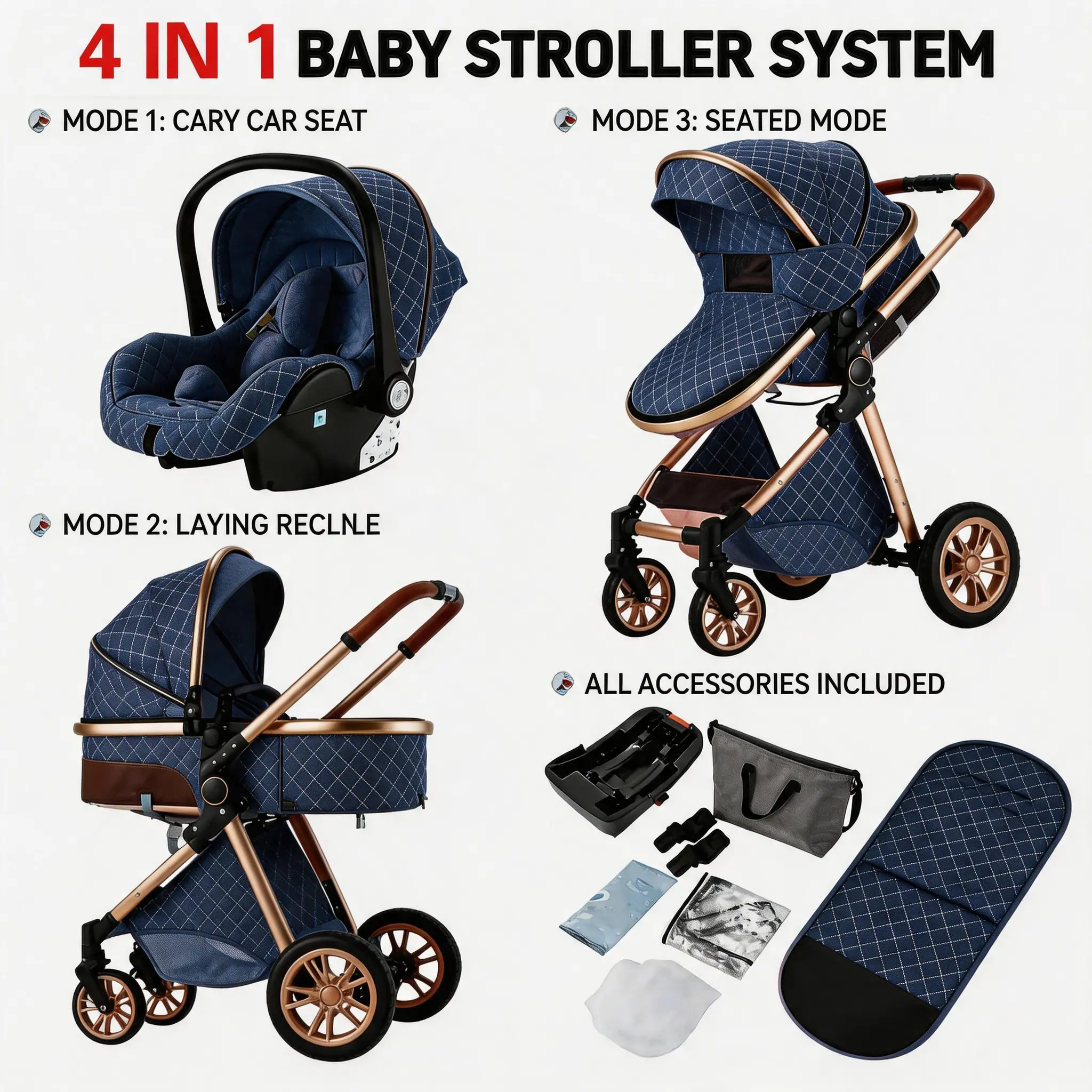 Luxury Infant Toddler Stroller with High View Seat | Compact Folding Baby Carriage for Travel, Shopping & Outdoor Walks Convertible Reversible