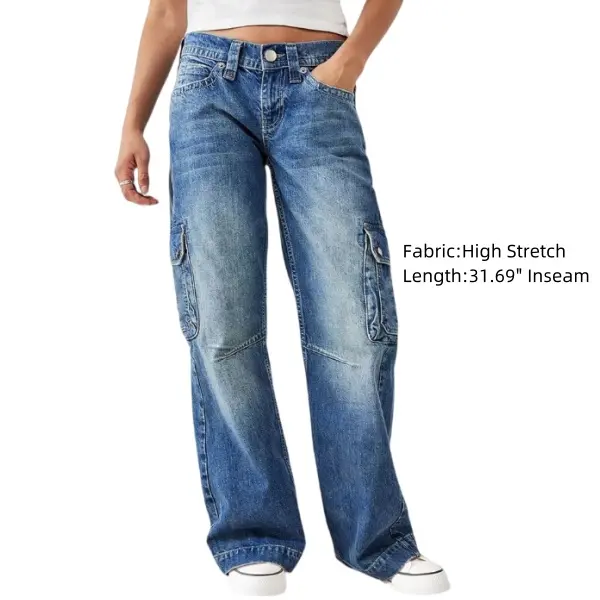 Wash Stitch Detail Flap Pocket Low Rise Straight Leg Jeans Comfort Denim