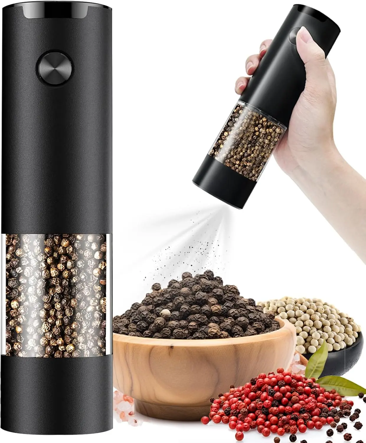 Black Electric Salt and Pepper Grinder (1 Pack) - Adjustable Coarseness, LED Light, Battery-Powered, 1-Handed Operation, Easy-to-Clean Kitchen Essential Appliance
