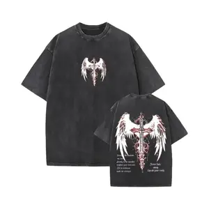 Gothic Cross Y2k Graphic Tees Vintage Goth Punk Shirts for Men Streetwear Oversized Acid Washed T-shirts Menswear