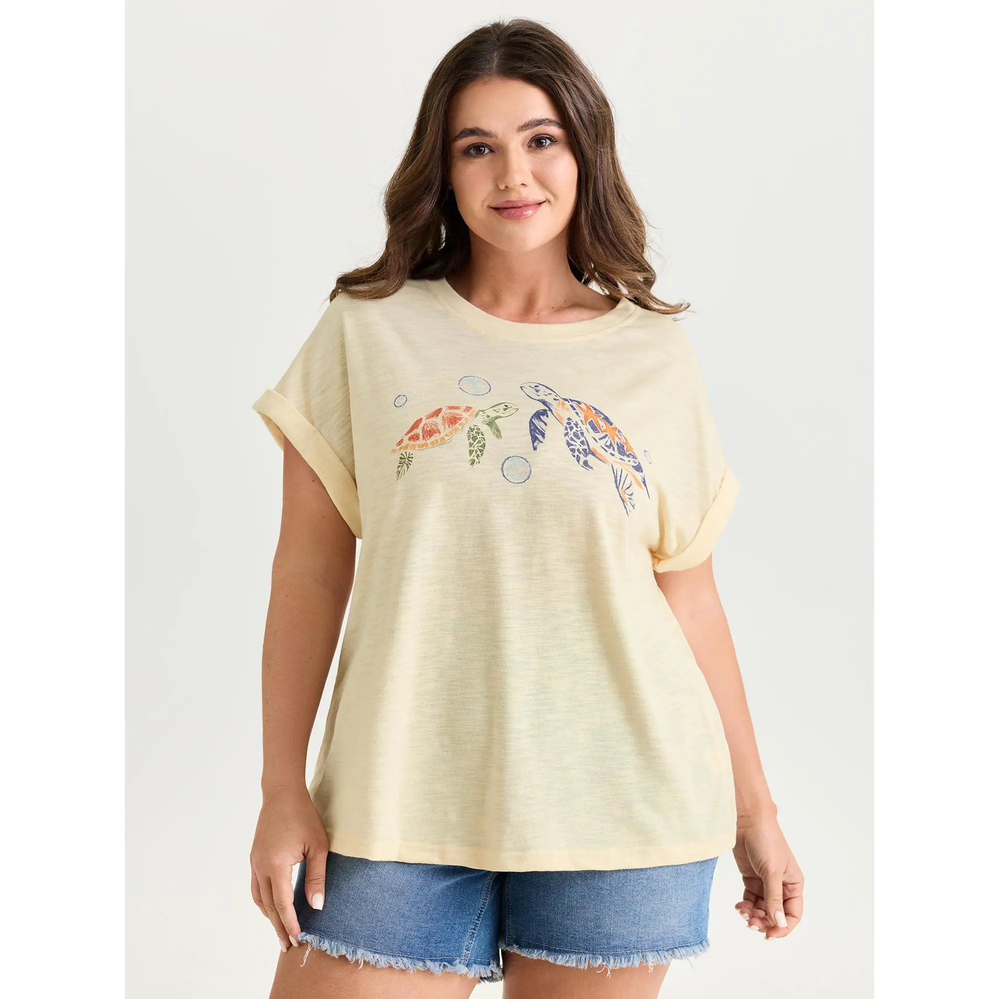 BLOOMCHIC Women's Plus Size Short Sleeve Cotton Blend Tshirt - Round Neck, Happy Turtle Print, Dolman Sleeve Ease, Regular Length, Machine Washable Casual Basic Plain Top [M-6X,28/5X], 2026 Summer Plus Size Clothes, Do Not Tumble Dry