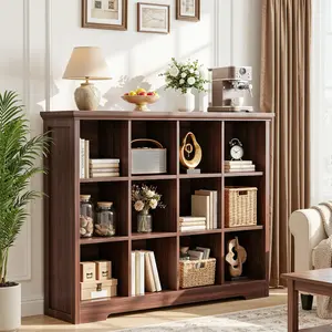 Wooden 12-Cube Storage Organizer with Power Outlets, Modern Cube Bookcase with Base, 4-Tier Floor Standing Open Cubbies Bookshelf for Home and Office