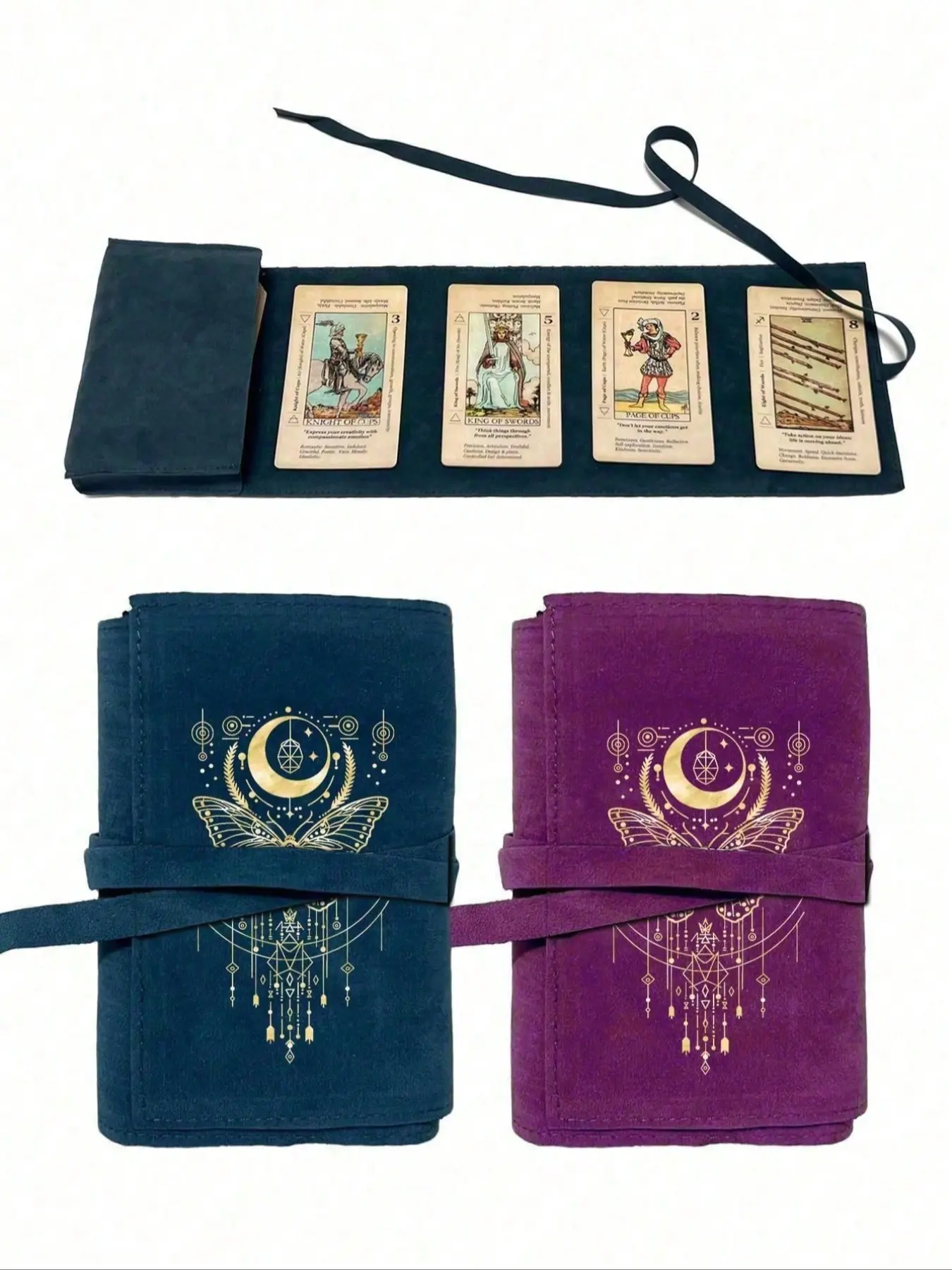 Two-piece velvet tarot card storage bag, blue and purple dual colors, drawstring closure, gold butterfly and moon print, Whimsical Prints, soft fabric protective cover, suitable for storing cards and small items, Soft Pouch