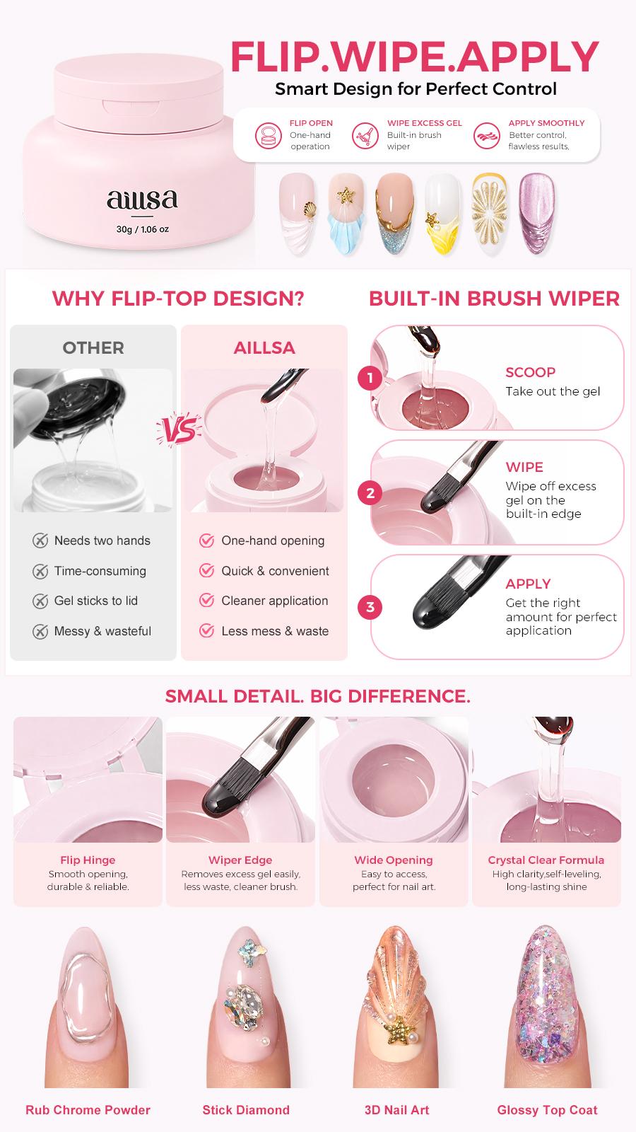 AILLSA  4-in-1 Multi-Use Nail Art Gel, 3D Nail Art Design Gel, Works with Chrome, Aurora & Pearl Powder, Strong Hold Nail Gem Adhesive for Charms For Summer Beach & Vacation Nails