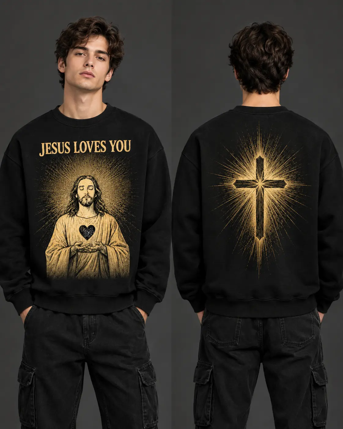 Oversized Crewneck Sweatshirt - Vintage Cross Graphic, "Jesus Loves You" Print, Faith Christian Streetwear Long-Sleeve Pullover Top gift