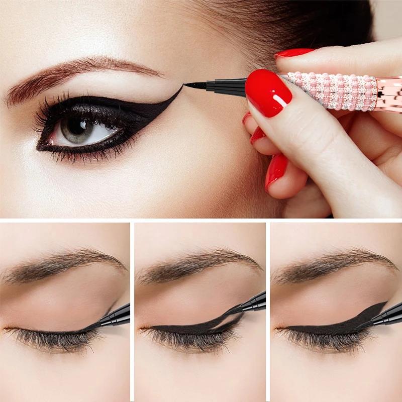 Luxury Rose Rhinestone Liquid Eyeliner Long Lasting Waterproof Smudge Proof Black Eye Liner Pen for Daily Eye Makeup Looks