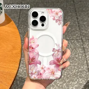 Magnetic Coquette Case for iPhone 17 16 E Pro Max 15 Plus 14 13 12 11 XS XR, Pastel Pink Flower Frame Design | Shockproof, Girly, Stylish, Silicone, and Trendy Protection