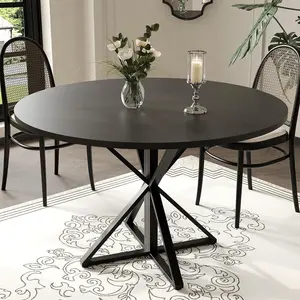 47 inch Round Dining Table - Wooden Kitchen Table for 4, Farmhouse Circle Dinner Tables with Metal Pedestal, or Kitchen, Living Room