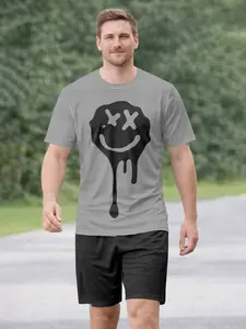 Casual Style 3D Smile Print Set, Lightweight Polyester, Round Neck, Slim Fit, Short Sleeve Shorts, Versatile