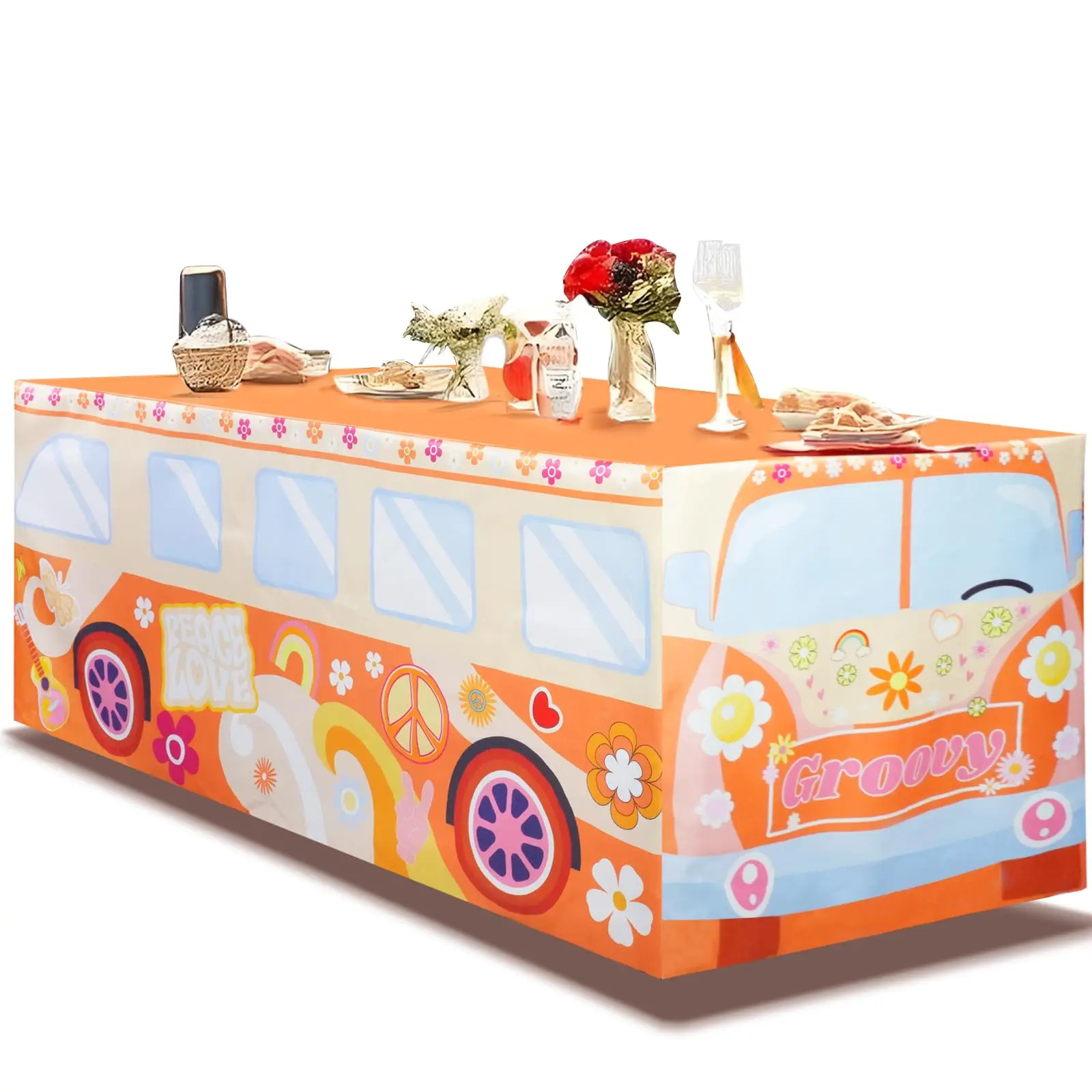 Groovy Bus Tablecloth,Hippie Birthday Party Decorations for 60s 70s Boho Themed Birthday,Baby Shower,Carnival Party Decorations