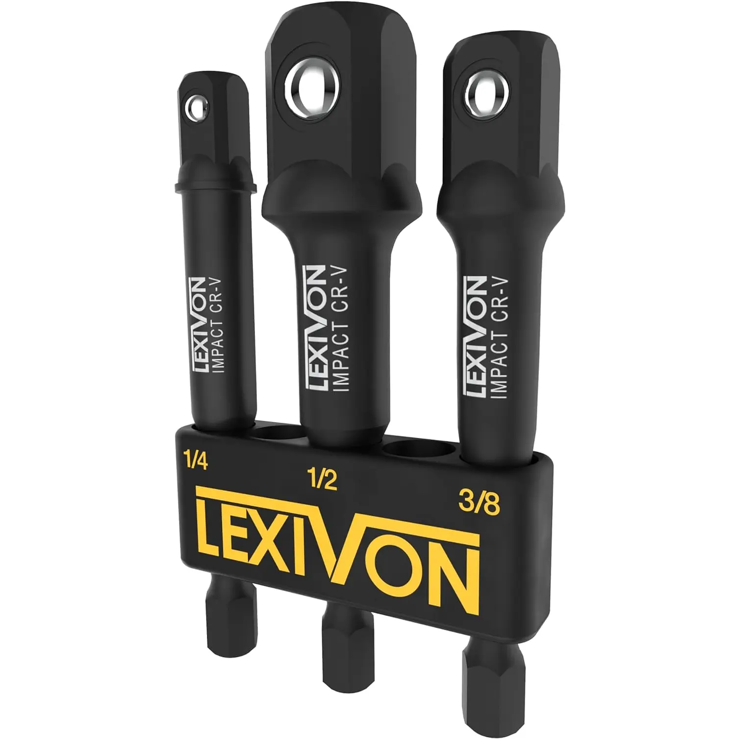 LEXIVON Impact Grade Socket Adapter Set, 3" Extension Bit with Holder | 3-Piece 1/4", 3/8", and 1/2" Drive, Adapt Your Power Drill to High Torque Impact Wrench (LX-101)