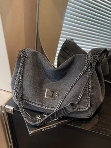 Casual Fashion Versatile Large Capacity Lock Design Denim Bag, Shoulder Crossbody Suitable for Work and Daily Use